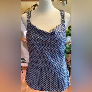 White House Black Market Women’s XXS Blue Circles Geometric Cowl Neck Blouse